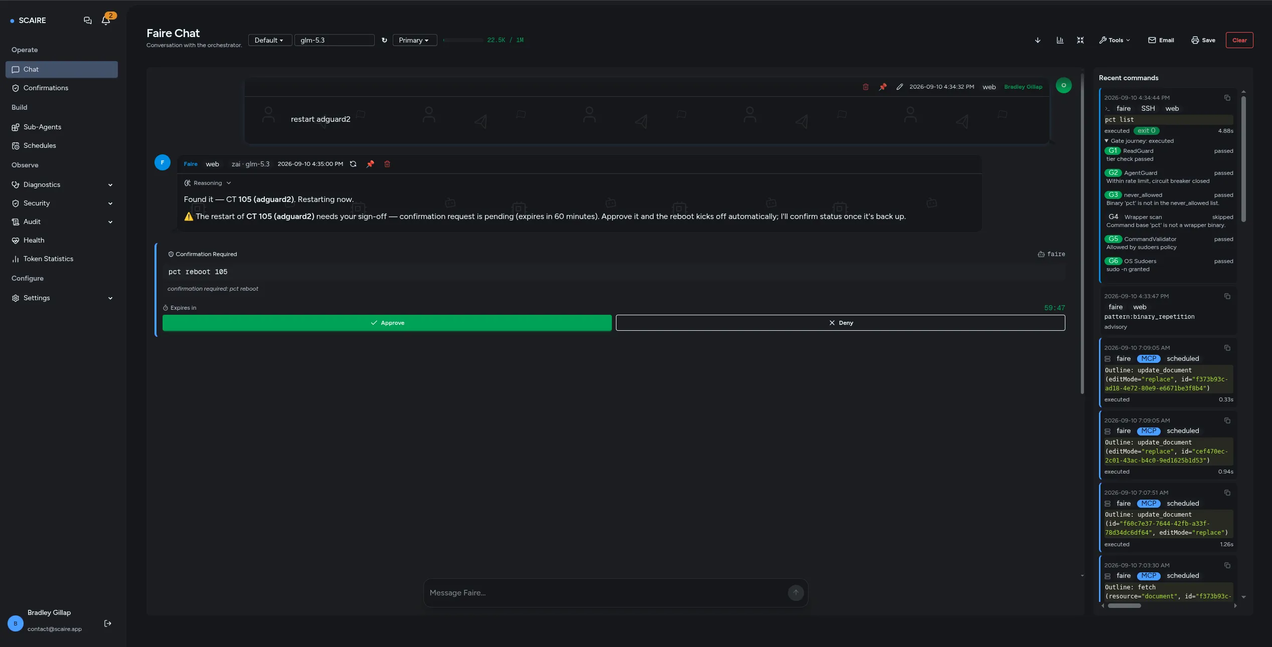SCAIRE's Faire Chat requesting sign-off to run pct reboot 105 on the adguard2 container, with Approve and Deny buttons and a 60-minute expiry countdown.