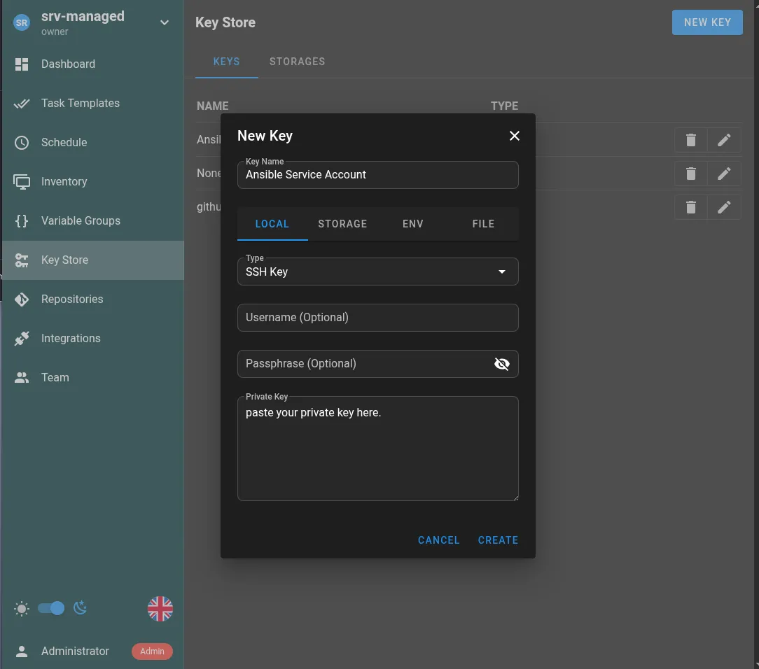 Screenshot of the Keystore For Ansible service account.