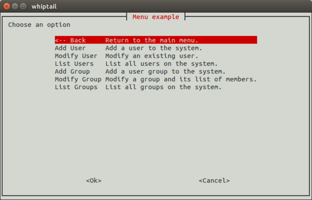 Animated terminal window showing whiptail GUI msgbox.